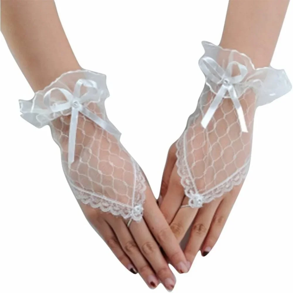 Women's Rhinestone White Bow Lace Gloves Fingerless Bridesmaids Accessories